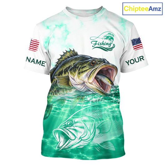 Green Largemouth Bass Fishing Shirt Custom US Flag Blue Ocean Sports Short Sleeve Jersey NHT1701