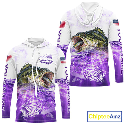 Purple Largemouth Bass Fishing Shirt Custom US Flag Blue Ocean Sports Long Sleeve Hooded Jersey NHT1702