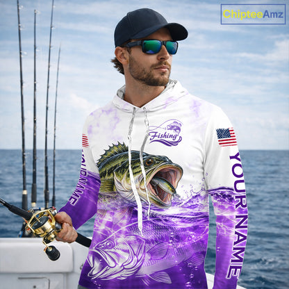 Purple Largemouth Bass Fishing Shirt Custom US Flag Blue Ocean Sports Long Sleeve Hooded Jersey NHT1702