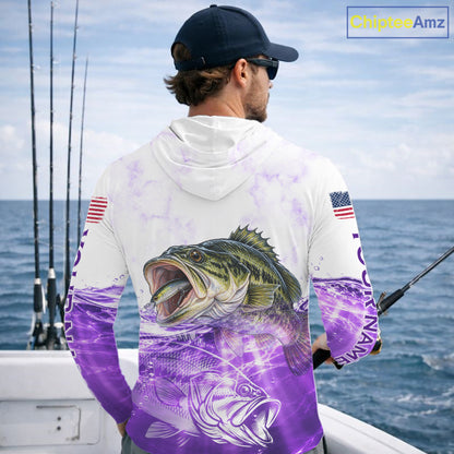 Purple Largemouth Bass Fishing Shirt Custom US Flag Blue Ocean Sports Long Sleeve Hooded Jersey NHT1702