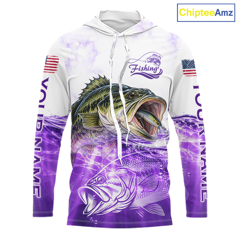Purple Largemouth Bass Fishing Shirt Custom US Flag Blue Ocean Sports Long Sleeve Hooded Jersey NHT1702