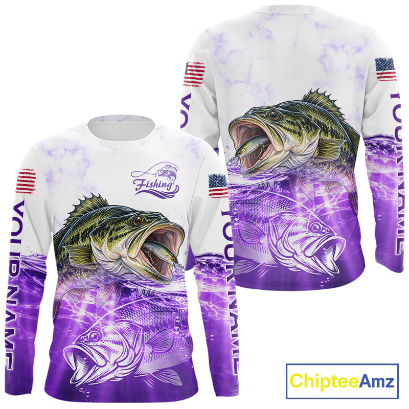 Purple Largemouth Bass Fishing Shirt Custom US Flag Blue Ocean Sports Long Sleeve Jersey NHT1702