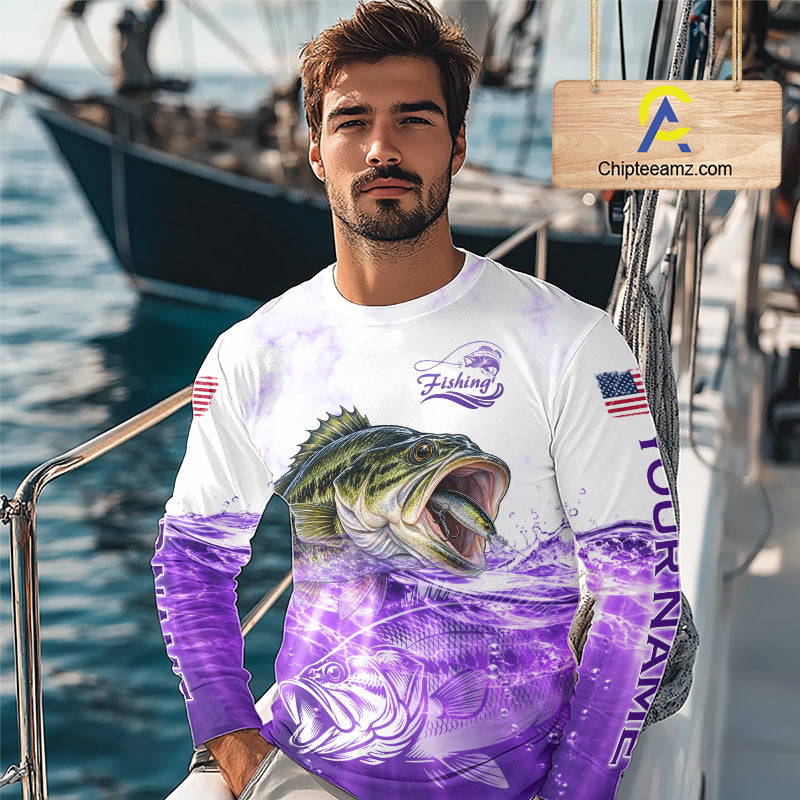 Purple Largemouth Bass Fishing Shirt Custom US Flag Blue Ocean Sports Long Sleeve Jersey NHT1702