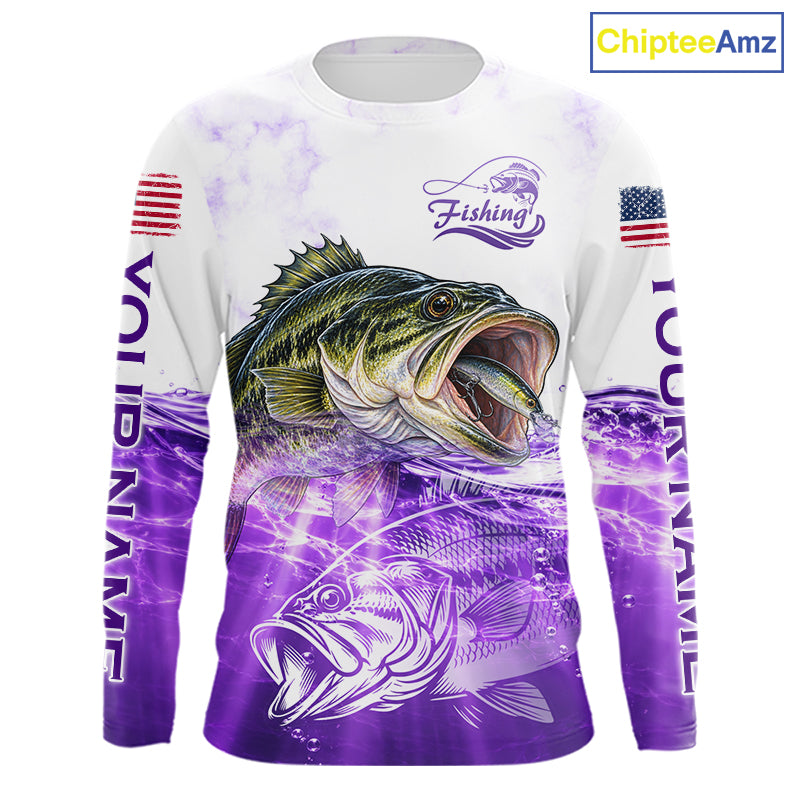 Purple Largemouth Bass Fishing Shirt Custom US Flag Blue Ocean Sports Long Sleeve Jersey NHT1702
