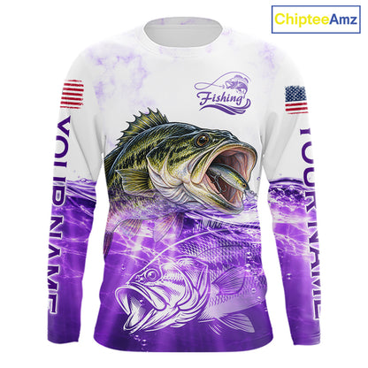 Purple Largemouth Bass Fishing Shirt Custom US Flag Blue Ocean Sports Long Sleeve Jersey NHT1702
