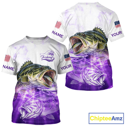 Purple Largemouth Bass Fishing Shirt Custom US Flag Blue Ocean Sports Short Sleeve Jersey NHT1702