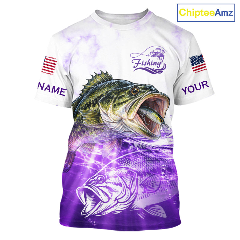 Purple Largemouth Bass Fishing Shirt Custom US Flag Blue Ocean Sports Short Sleeve Jersey NHT1702
