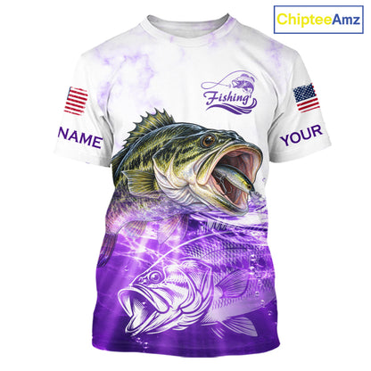 Purple Largemouth Bass Fishing Shirt Custom US Flag Blue Ocean Sports Short Sleeve Jersey NHT1702