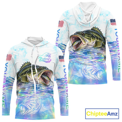 Hologram Largemouth Bass Fishing Shirt Custom US Flag Blue Ocean Sports Long Sleeve Hooded Jersey NHT1703