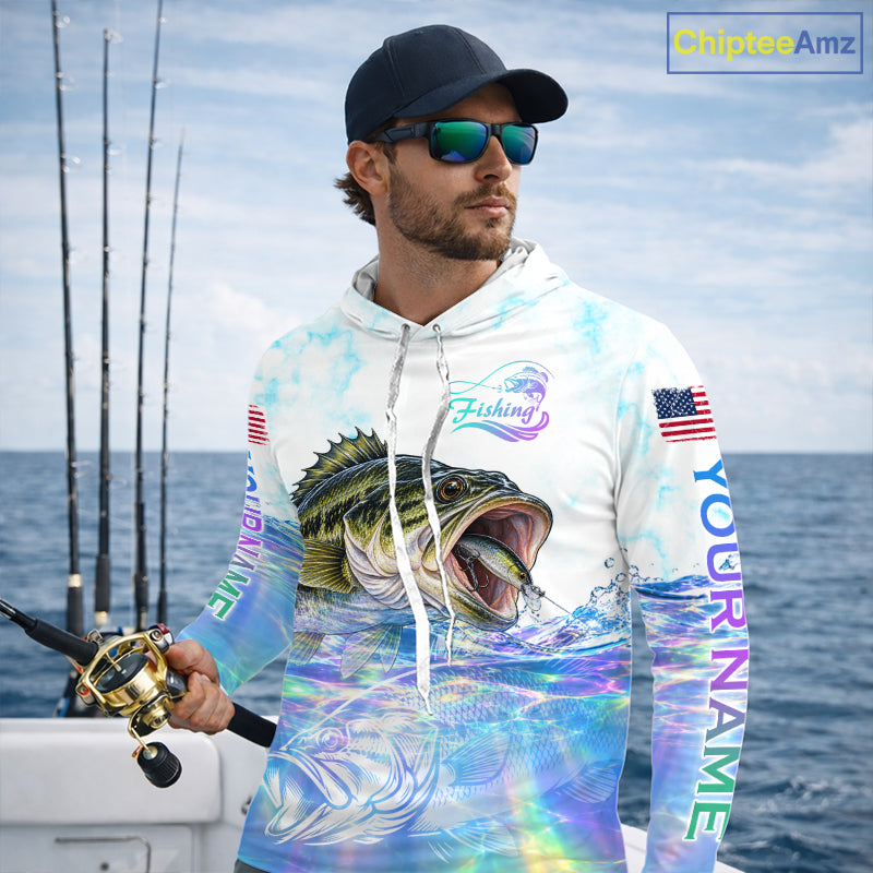 Hologram Largemouth Bass Fishing Shirt Custom US Flag Blue Ocean Sports Long Sleeve Hooded Jersey NHT1703
