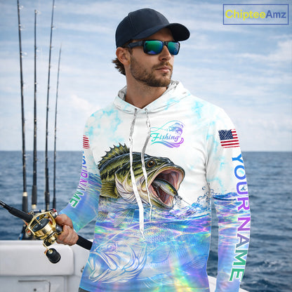 Hologram Largemouth Bass Fishing Shirt Custom US Flag Blue Ocean Sports Long Sleeve Hooded Jersey NHT1703