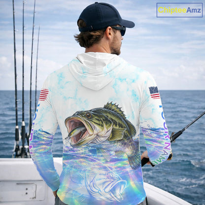 Hologram Largemouth Bass Fishing Shirt Custom US Flag Blue Ocean Sports Long Sleeve Hooded Jersey NHT1703