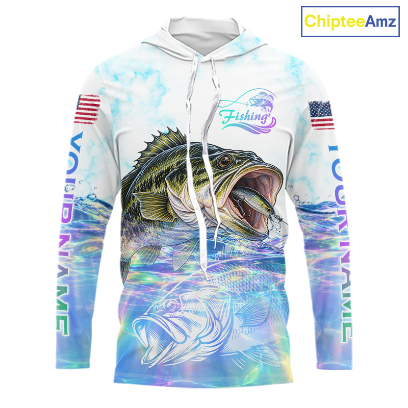 Hologram Largemouth Bass Fishing Shirt Custom US Flag Blue Ocean Sports Long Sleeve Hooded Jersey NHT1703