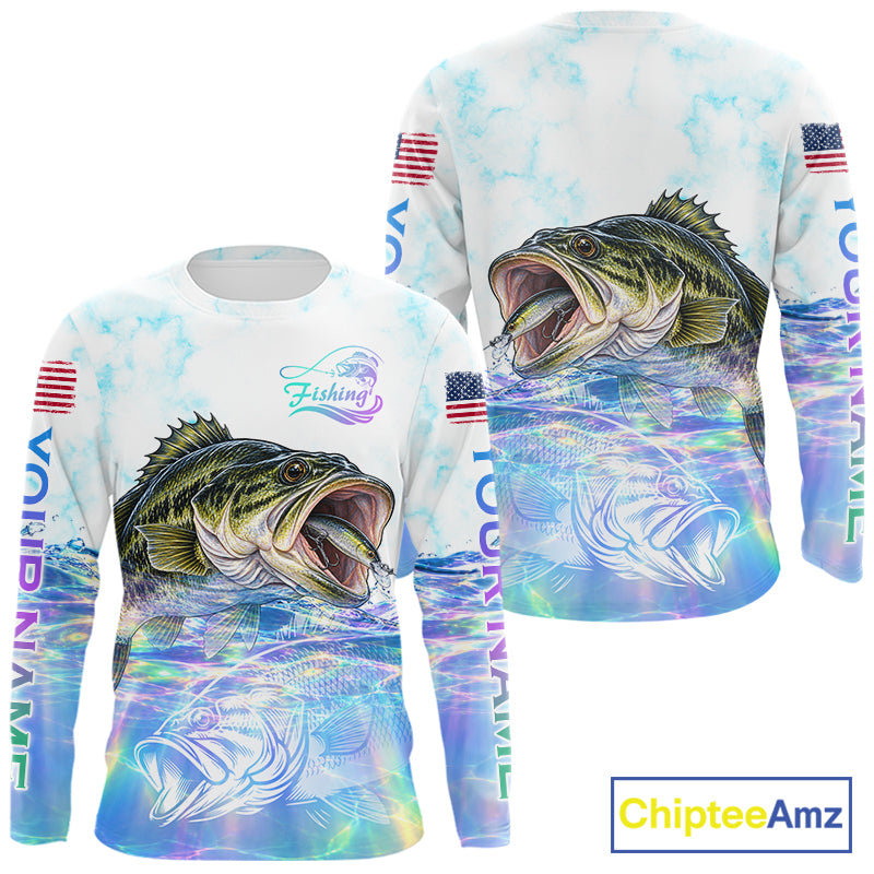Hologram Largemouth Bass Fishing Shirt Custom US Flag Blue Ocean Sports Long Sleeve Jersey NHT1703