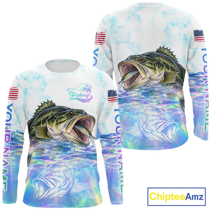 Hologram Largemouth Bass Fishing Shirt Custom US Flag Blue Ocean Sports Long Sleeve Jersey NHT1703