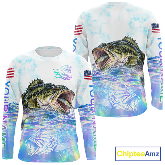 Hologram Largemouth Bass Fishing Shirt Custom US Flag Blue Ocean Sports Long Sleeve Jersey NHT1703