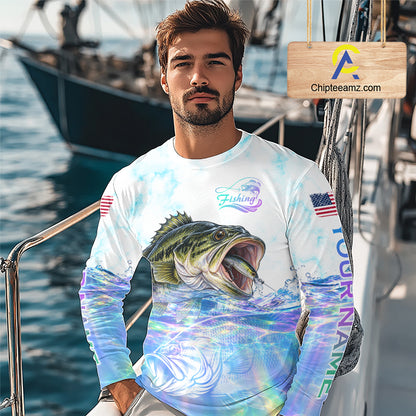 Hologram Largemouth Bass Fishing Shirt Custom US Flag Blue Ocean Sports Long Sleeve Jersey NHT1703