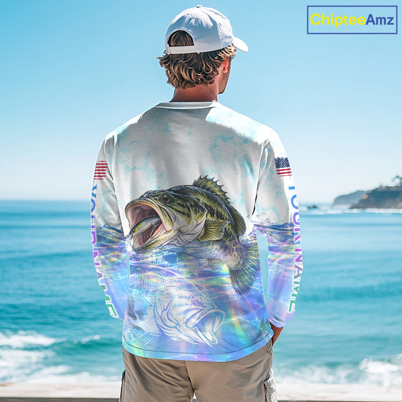 Hologram Largemouth Bass Fishing Shirt Custom US Flag Blue Ocean Sports Long Sleeve Jersey NHT1703