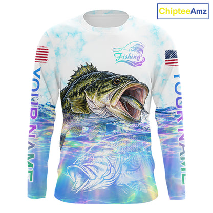 Hologram Largemouth Bass Fishing Shirt Custom US Flag Blue Ocean Sports Long Sleeve Jersey NHT1703