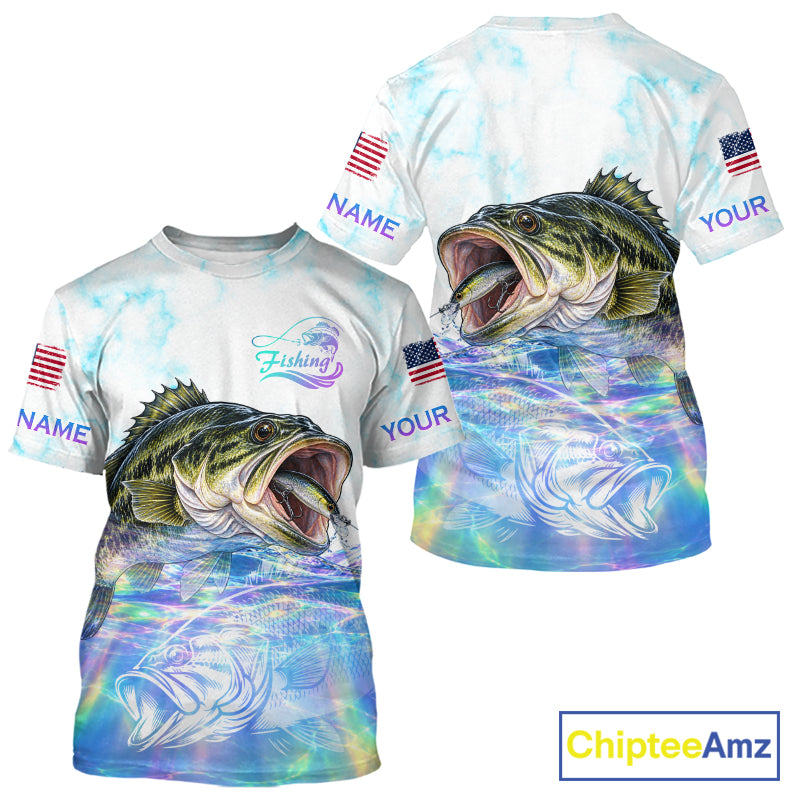 Hologram Largemouth Bass Fishing Shirt Custom US Flag Blue Ocean Sports Short Sleeve Jersey NHT1703