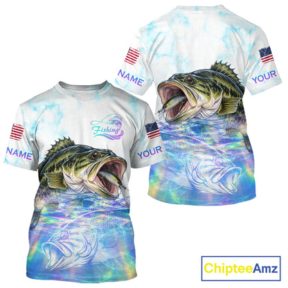Hologram Largemouth Bass Fishing Shirt Custom US Flag Blue Ocean Sports Short Sleeve Jersey NHT1703