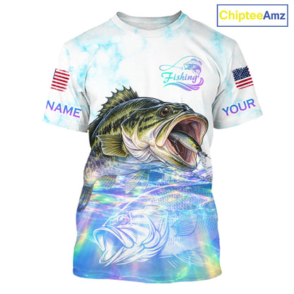 Hologram Largemouth Bass Fishing Shirt Custom US Flag Blue Ocean Sports Short Sleeve Jersey NHT1703