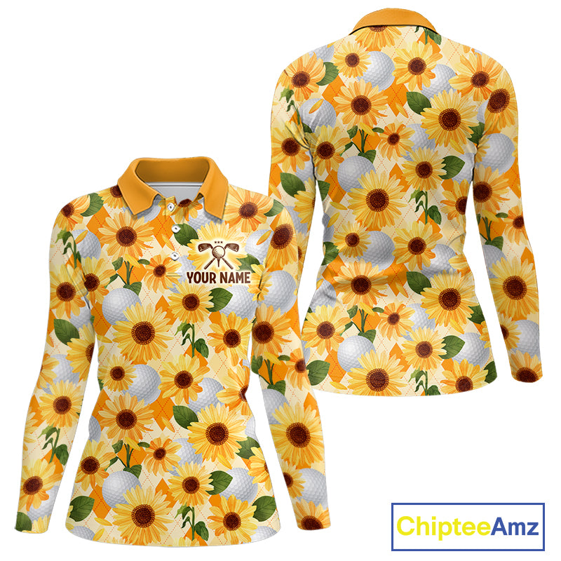 Personalized Sunflower Womens Golf Polo Shirt Custom Name Floral Golf Polo For Women 