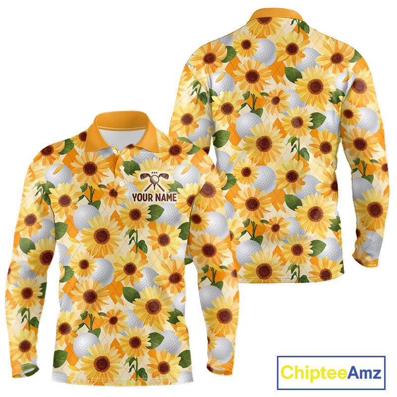Personalized Sunflower Mens Golf Polo Shirt Custom Name Floral Golf Polo For Men 