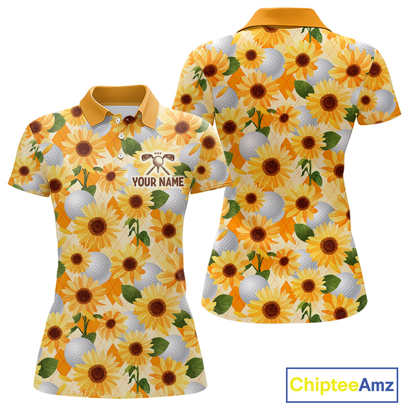 Personalized Sunflower Womens Golf Polo Shirt Custom Name Floral Golf Polo For Women 