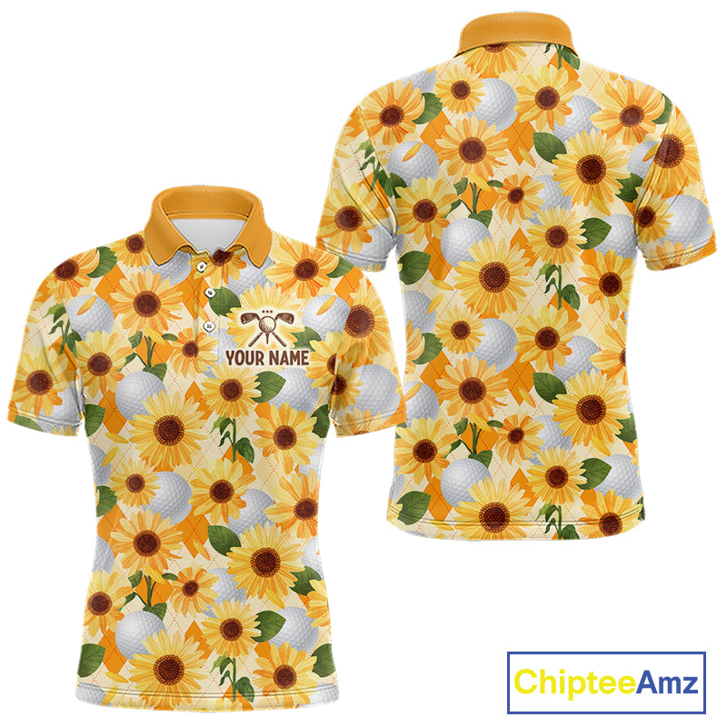 Personalized Sunflower Mens Golf Polo Shirt Custom Name Floral Golf Polo For Men 