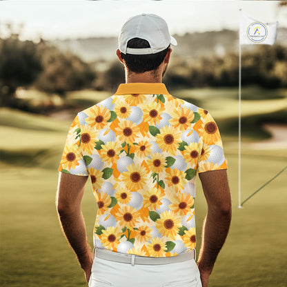 Personalized Sunflower Mens Golf Polo Shirt Custom Name Floral Golf Polo For Men 