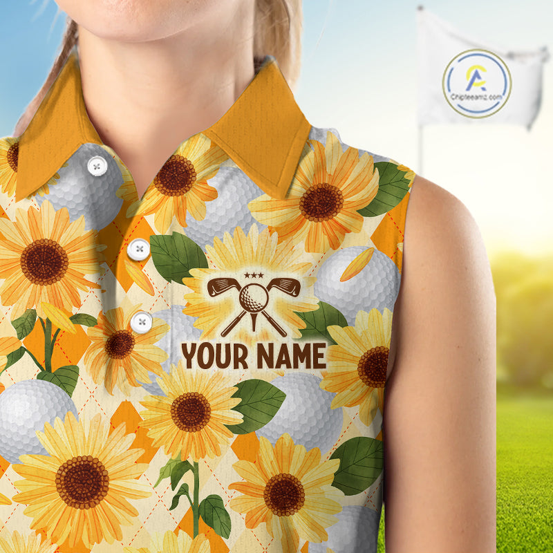 Personalized Sunflower Womens Sleeveless Golf Polo Shirt Custom Name Floral Golf Polo For Women 