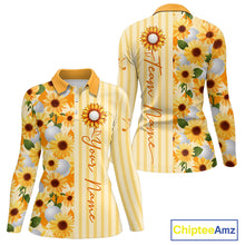 Load image into Gallery viewer, Personalized Sunflower Womens Golf Polo Shirt Custom Name Golf Ball Floral Polo Shirt 