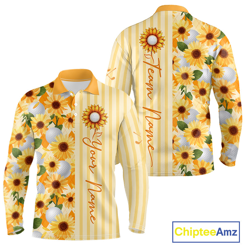 Personalized Sunflower Mens Golf Polo Shirt Custom Name Golf Ball Floral Polo Shirt 