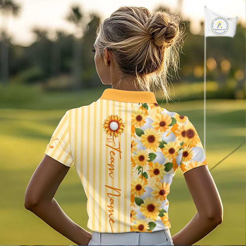 Woman wearing a sunflower-themed golf shirt on a golf course