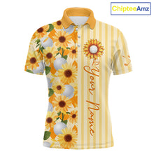 Load image into Gallery viewer, Personalized Sunflower Mens Golf Polo Shirt Custom Name Golf Ball Floral Polo Shirt 