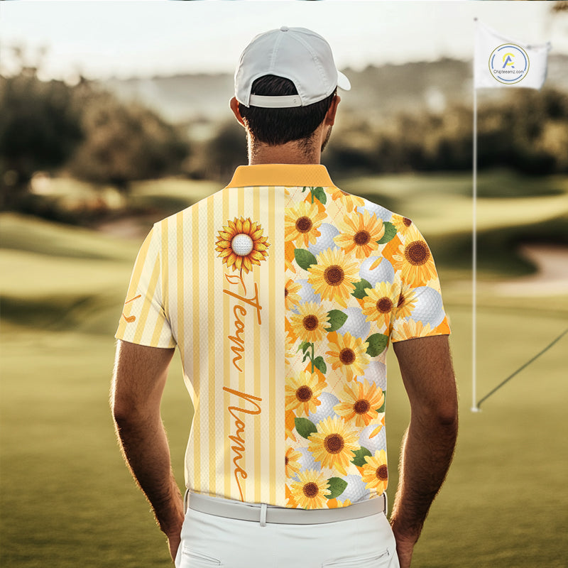 Personalized Sunflower Mens Golf Polo Shirt Custom Name Golf Ball Floral Polo Shirt 