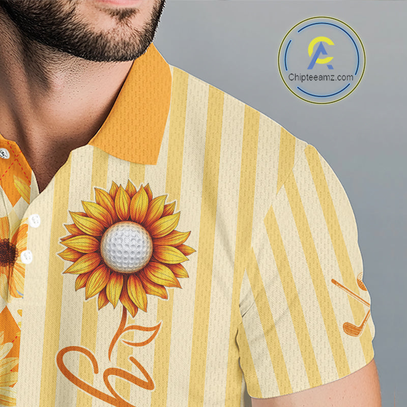 Personalized Sunflower Mens Golf Polo Shirt Custom Name Golf Ball Floral Polo Shirt 