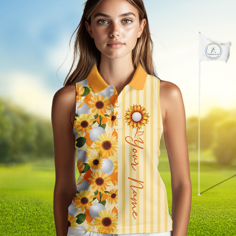 Personalized Sunflower Womens Sleeveless Golf Polo Shirt Custom Name Golf Ball Floral Polo Shirt 