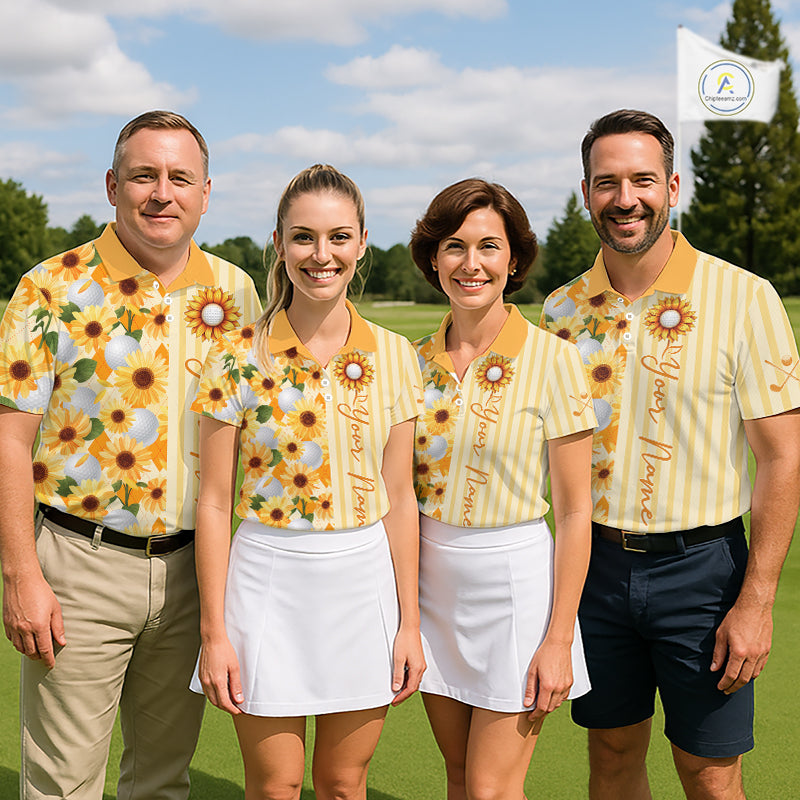 Personalized Sunflower Mens Golf Polo Shirt Custom Name Golf Ball Floral Polo Shirt NHT1071