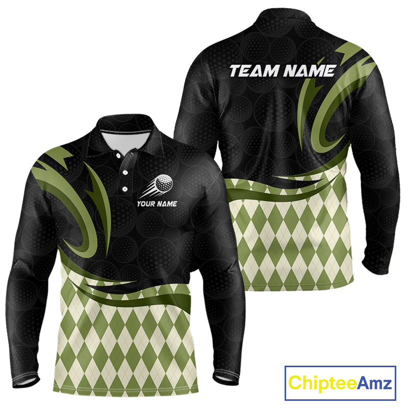 Personalized Mens Golf Polo Shirt Custom Name, Black Green Argyle Golf Team Polo NHT1074