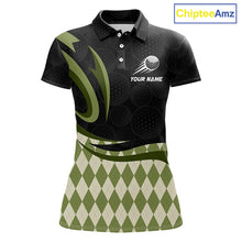 Load image into Gallery viewer, Personalized Womens Golf Polo Shirt Custom Name, Black Green Argyle Golf Team Polo 
