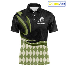 Load image into Gallery viewer, Personalized Mens Golf Polo Shirt Custom Name, Black Green Argyle Golf Team Polo 