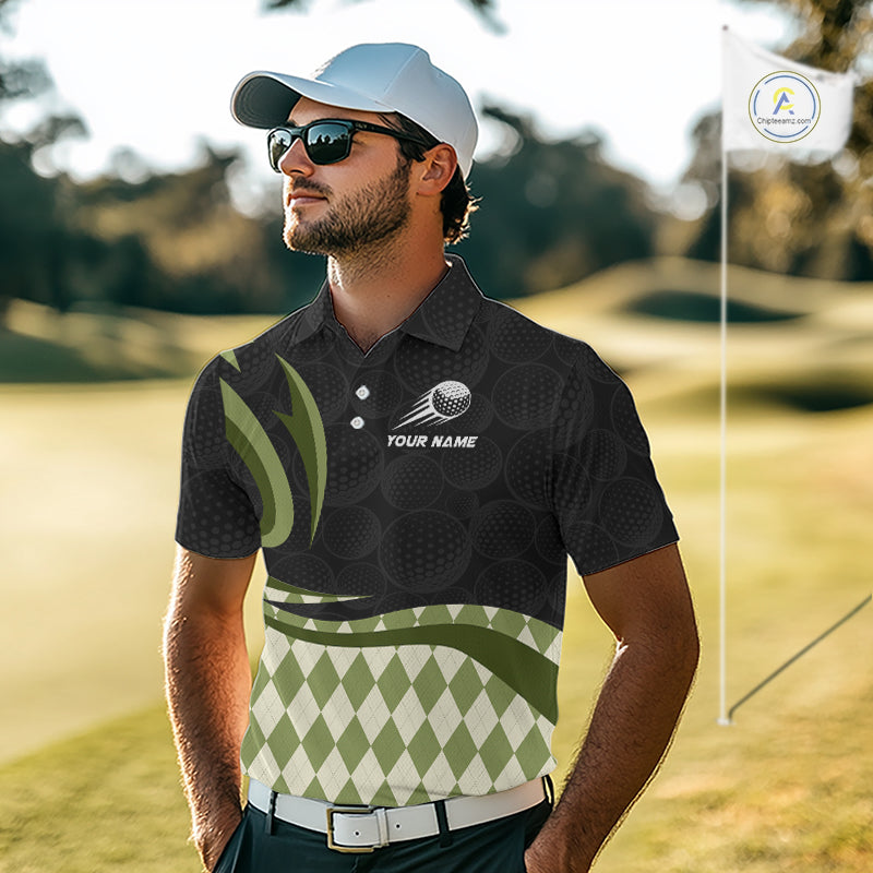 Personalized Mens Golf Polo Shirt Custom Name, Black Green Argyle Golf Team Polo 