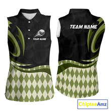 Load image into Gallery viewer, Personalized Womens Sleeveless Golf Polo Shirt Custom Name, Black Green Argyle Golf Team Polo 