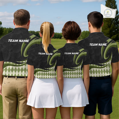 Personalized Mens Golf Polo Shirt Custom Name, Black Green Argyle Golf Team Polo NHT1074