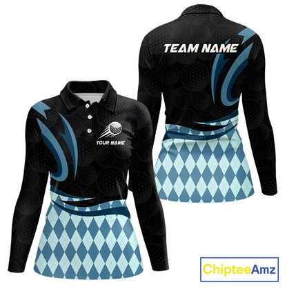 Personalized Womens Golf Polo Shirt Custom Name, Black Blue Argyle Golf Team Polo 