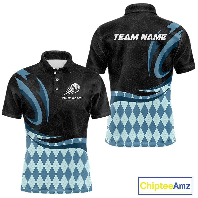 Personalized Mens Golf Polo Shirt Custom Name, Black Blue Argyle Golf Team Polo 