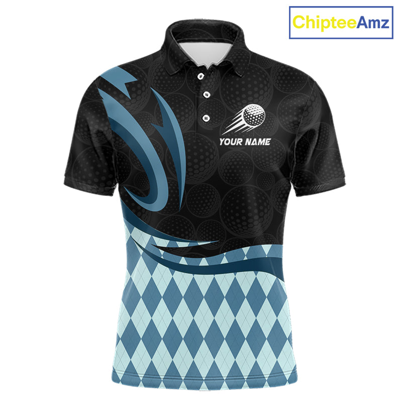 Personalized Mens Golf Polo Shirt Custom Name, Black Blue Argyle Golf Team Polo 