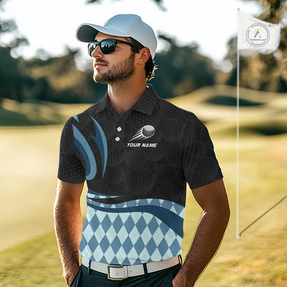 Personalized Mens Golf Polo Shirt Custom Name, Black Blue Argyle Golf Team Polo 